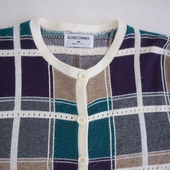 Alfred Dunner Cream Multi Cotton Plaid Knit Button Cardigan Preppy M - Picture 10 of 10